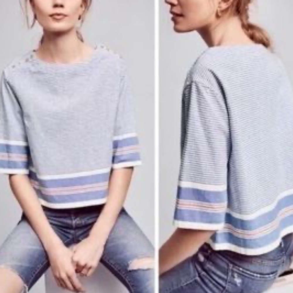 Light Blue Striped Cropped Knit Top